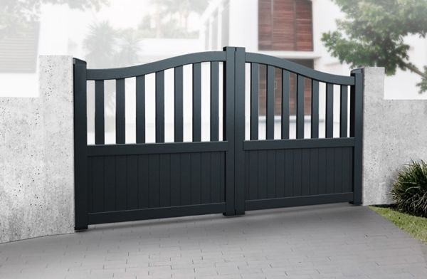 Double Swing Gate 3750x2200mm Black - Partial Privacy Driveway Gate with Vertical Solid Infill and Bell-Curved Top