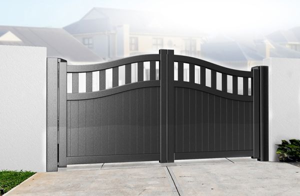 Double Swing Gate 4000x2000mm Black - Vertical Solid Infill and Bell-Curved Top Full Privacy Driveway Gate