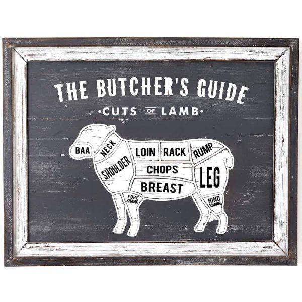 Butchers Cuts Lamb Wall Plaque - Wood - L3 x W58 x H45 cm - Grey/White