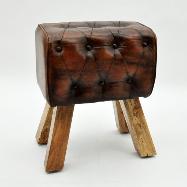 47 Cm Leather Footstool with Buttons - L28 x W47 x H42 cm