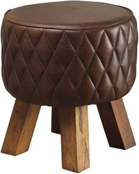 38 Cm Leather Round Footstool - L24 x W24 x H38 cm