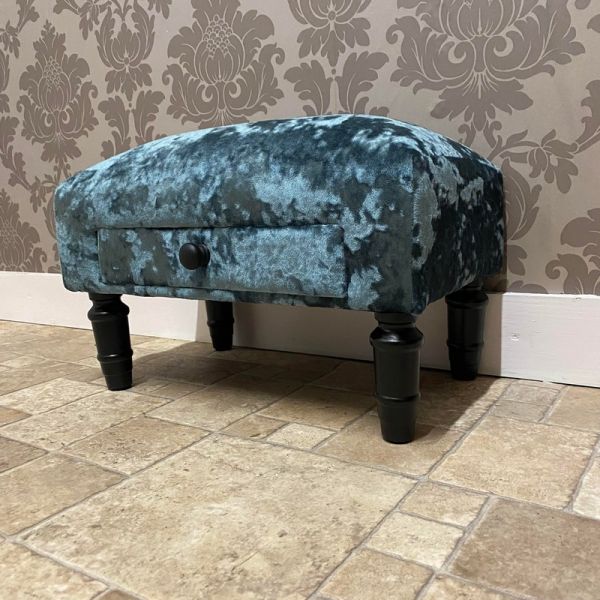 Luxury Footstool with Drawer - Velvet - L25 x W45 x H28 cm - Blue