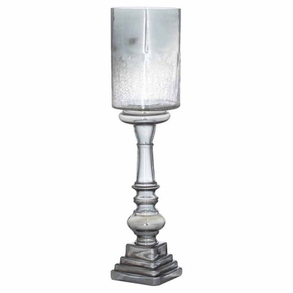 Smoked Midnight Glass Top Tall Candle Pillar Holder - Glass - L17 x W17 x H55 cm - Silver