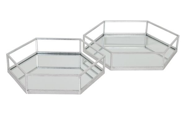 Hexagon Set of Two Trays - Glass/Metal - L43 x W50 x H9 cm - Silver