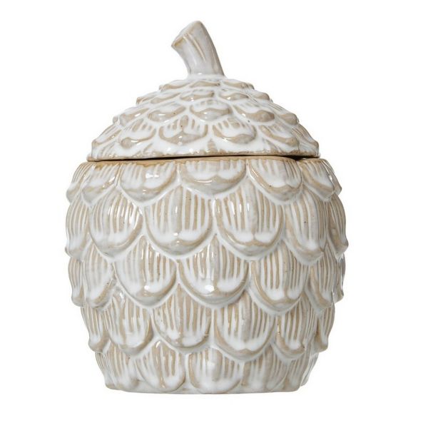 Large Pine Cone Trinket Dish with Lid - Ceramic - L13 x W13 x H16 cm - White