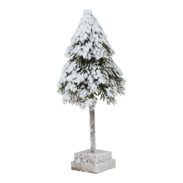 Small Snowy Cedar Tree on Wood Block - Plastic - Height 30 cm - Brown