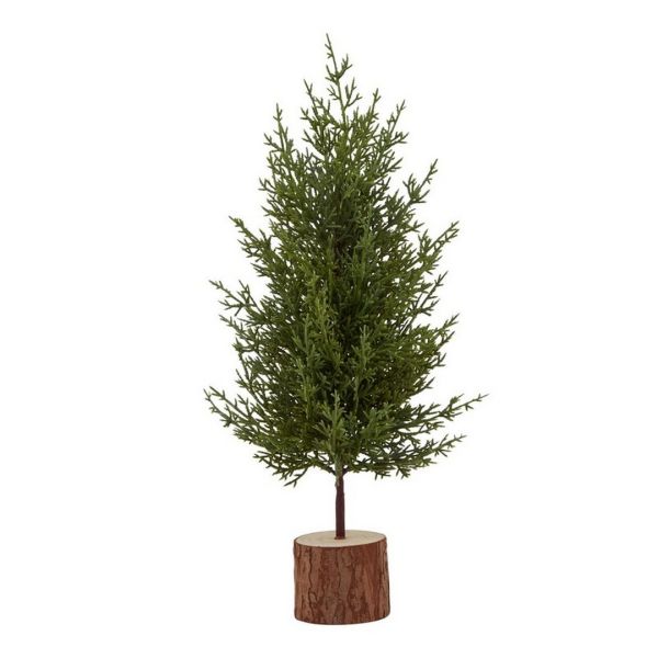 Small Green Fir Tree in Wood Log - Plastic - Height 40 cm - Brown