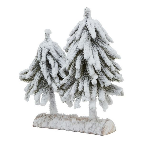 Small Snowy Fir Tree Duo on Wood Log - Plastic - W20 x H28 cm - Brown