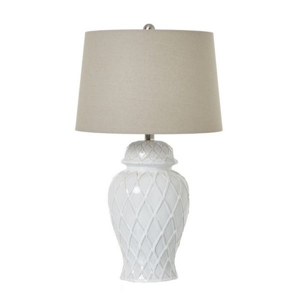 Ginger Jar Lamp with Linen Shade - Ceramic - L38 x W38 x H64 cm - White