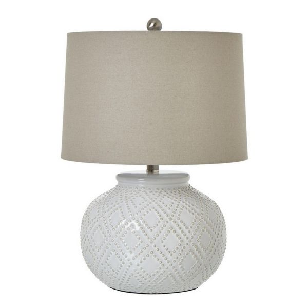 Squat Beaded Lamp with Linen Shade - Ceramic - L38 x W38 x H56 cm - White