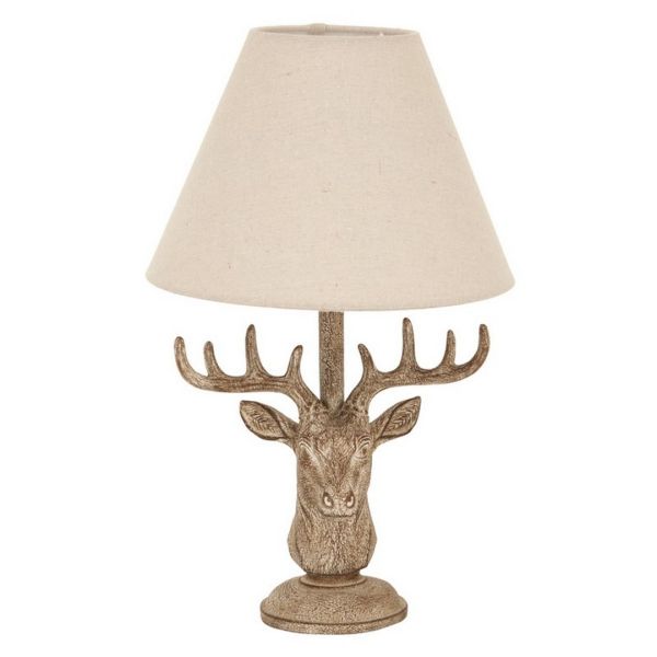 Stonewashed Stag Head Table Lamp with Linen Shade - Resin - L20 x W20 x H45 cm - Brown