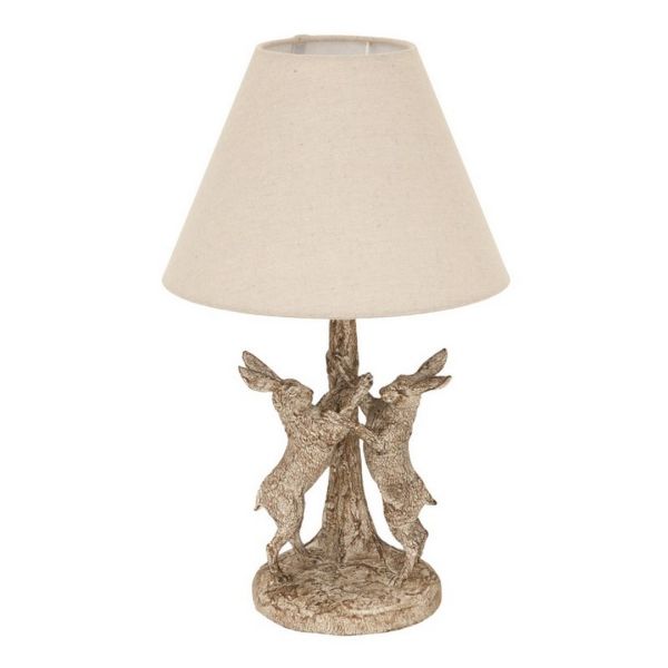 Stonewashed Marching Hares Lamp with Linen Shade - Resin - L20 x W20 x H48 cm - Brown