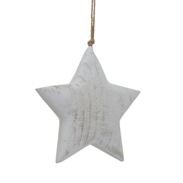Large Whitewashed Rustic Hanging Star - Wood - L5 x W18 x H19 cm - White