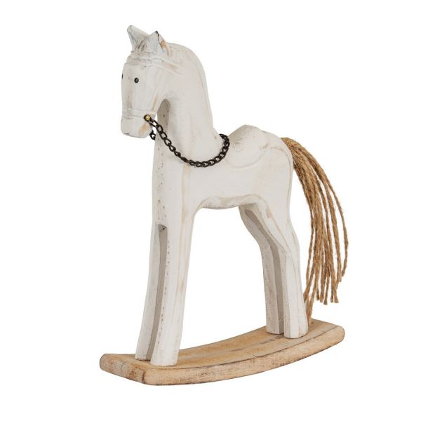 Whitewashed Rustic Rocking Horse Christmas Decoration - Wood - L4 x W14 x H20 cm - Brown