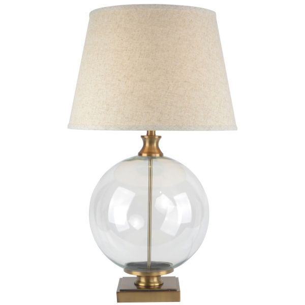 Lunel Orb Table Lamp with Edged Linen Shade - Glass - L48 x W48 x H79 cm - Brass