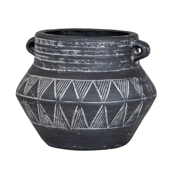 Etched Collection Pot with Handle - Ceramic - L20 x W20 x H16 cm - Black