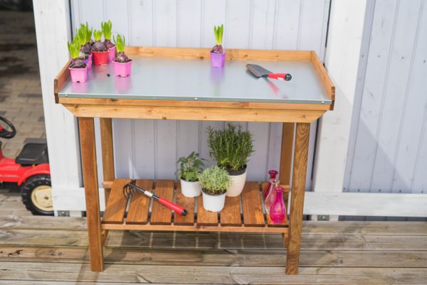 Buttercup Gardener's Table with Tin Surface - Wood/Metal - L108 x W52 x H92 cm - Brown