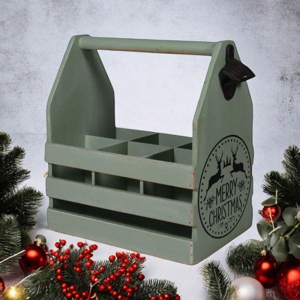 6 Bottle Holder with Opener - L19 x W27 x H30 cm - Rustic Green