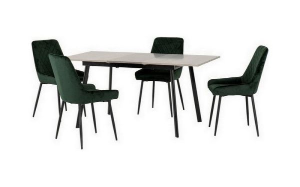 Avery Extending Dining Set with Avery Chairs - Concrete/Grey Oak Effect/Black/Emerald Green Velvet