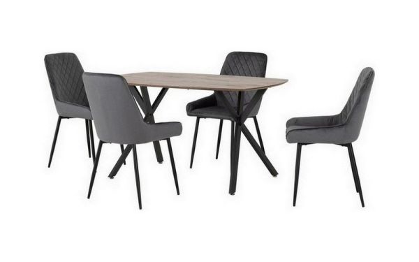 Athens Rectangular Dining Set with Avery Chairs - Medium Oak Effect/Black/Grey Velvet
