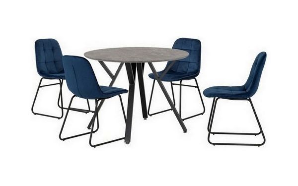 Athens Round Dining Set with Lukas Chairs - Concrete Effect/Black/Sapphire Blue Velvet
