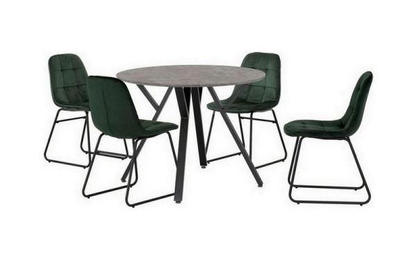 Athens Round Dining Set with Lukas Chairs - Concrete Effect/Black/Emerald Green Velvet