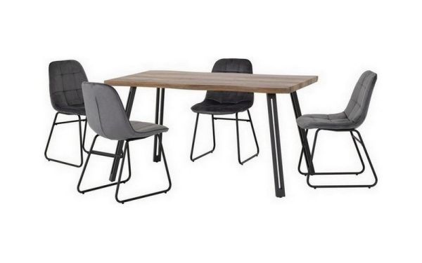 Quebec Wave Edge Dining Set with Lukas Chairs - Medium Oak Effect/Black/Grey Velvet