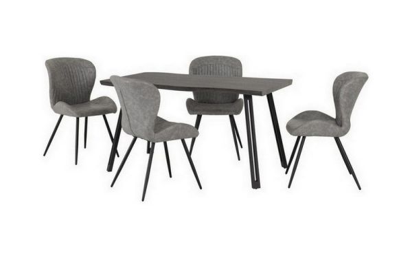 Quebec Wave Edge Dining Set - Black Wood Grain/Black/Grey Faux Leather