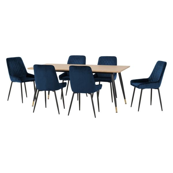 Hamilton & Avery Large Indoor Dining Set - Medium Oak Effect/Sapphire Blue Velvet