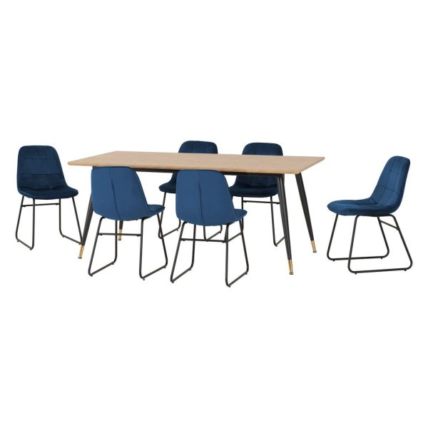 Hamilton & Lukas Large Indoor Dining Set - Medium Oak Effect/Sapphire Blue Velvet