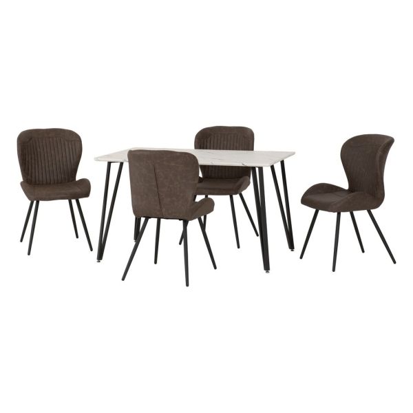 Marlow & Quebec Indoor Dining Set with 4 Chairs - White Marble/Brown