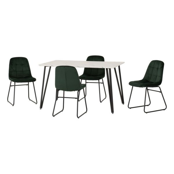 Marlow & Lukas Indoor Dining Set with 4 Chairs - White Marble/Emerald Green Velvet