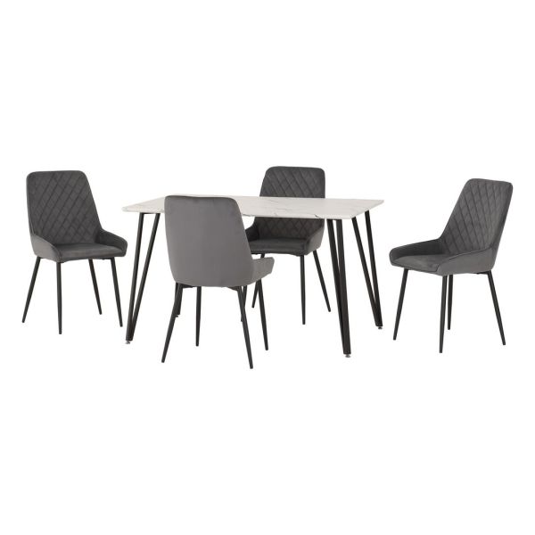 Marlow & Avery Indoor Dining Set with 4 Chairs - White Marble/Grey Velvet