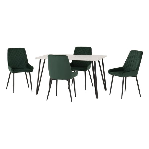Marlow & Avery Indoor Dining Set with 4 Chairs - White Marble/Emerald Green Velvet