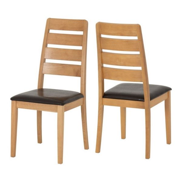 Logan Dining Chair (Pack of 2) - L55 x W45 x H100 cm - Oak Varnish/Brown Faux Leather