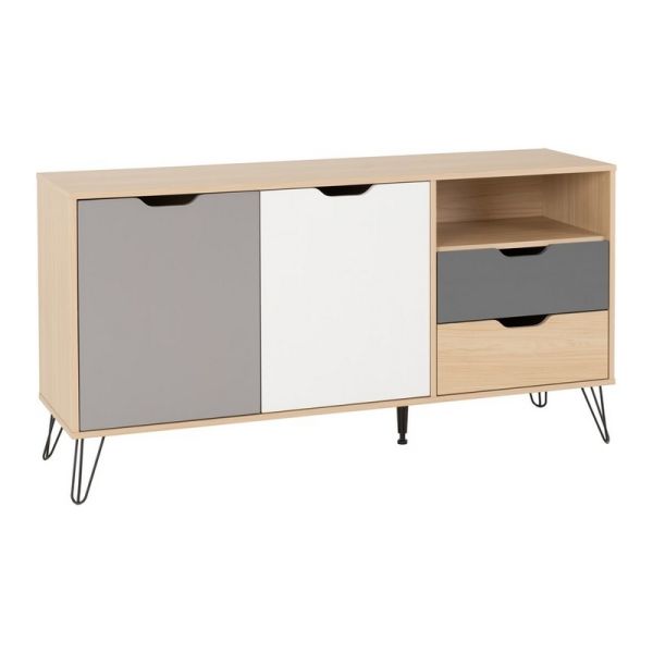 Bergen 2 Door 2 Drawer Sideboard - L39.5 x W140 x H74 cm - Oak Effect/White/Grey