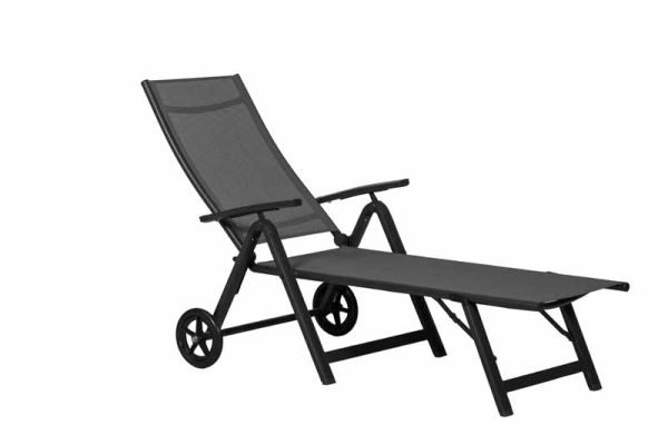 Sorrento Two Wheeled Folding Recliner Sun Lounger - Aluminium/Textylene Fabric - L133 x W72 x H103.5 cm - Black