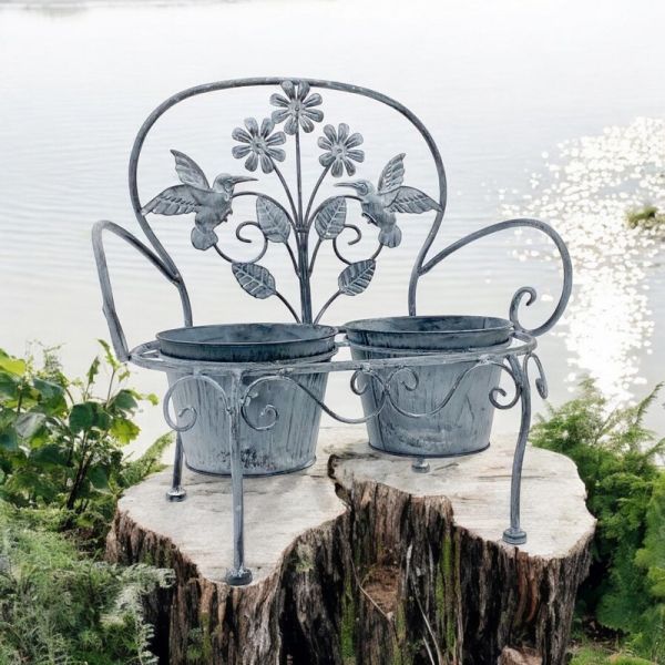 Double Garden Planter - Metal - L29 x W46 x H44 cm - Stone Grey