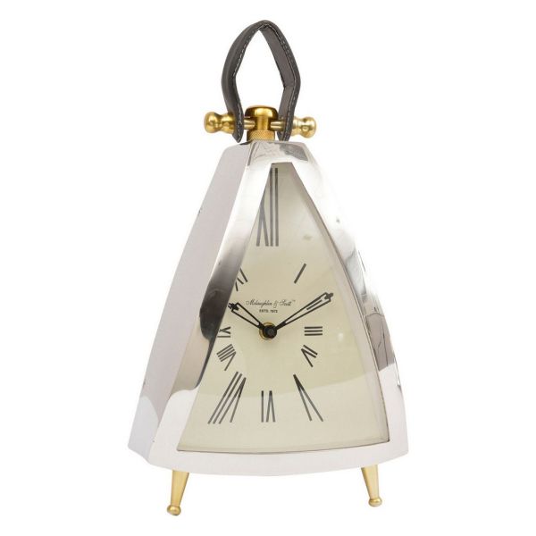 Isosceles Curved Front Mantel Clock With Leather Handle - Steel/Aluminium - L15 x W20 x H36 cm - Silver/Brass