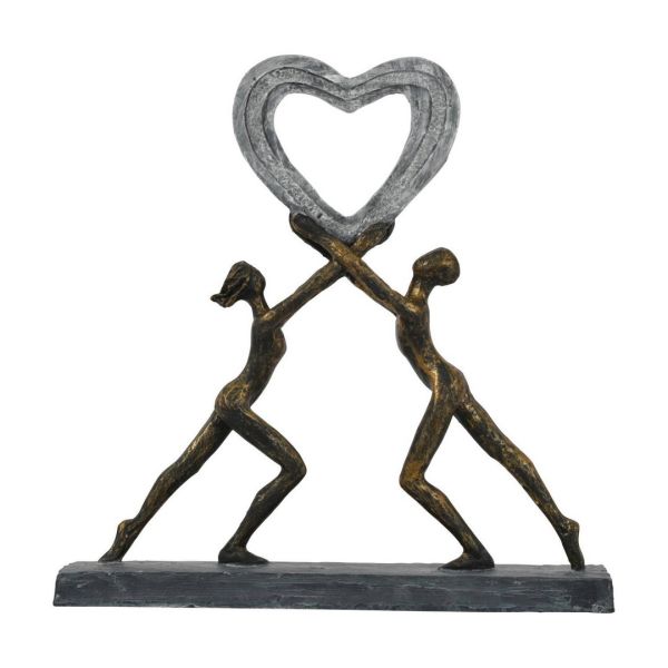 Uplifting Love Couple With Heart Resin Sculpture - Limestone/Polyresin - L7 x W32 x H33 cm - Bronze