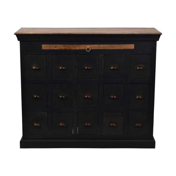 Hoxton II Mango 15 Drawer Chest - Mango Wood/Cast Iron - L40 x W120 x H100 cm - Black