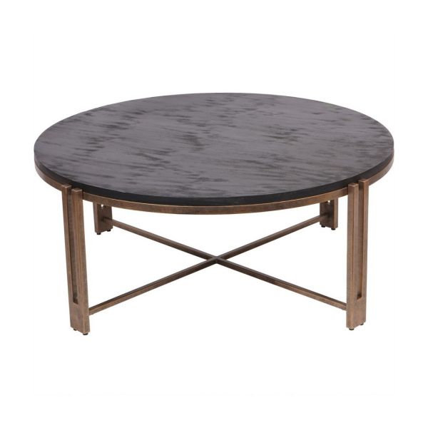 Dalston Sandblasted Wood and Champagne Frame Coffee Table - Iron/Wood - L101 x W101 x H40.5 cm - Black/Gold