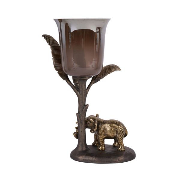 Kariba Elephant Hurricane Small - Glass/Aluminium - L16 x W20 x H31.5 cm - Antique Brass