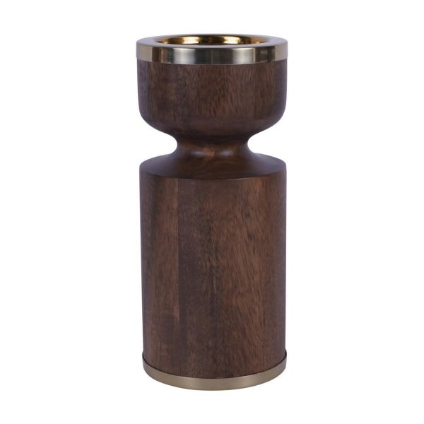 Amalfi Wooden Pillar Holder - Stainless Steel/Mango Wood - L10.5 x W10.5 x H23 cm - Gold/Brown