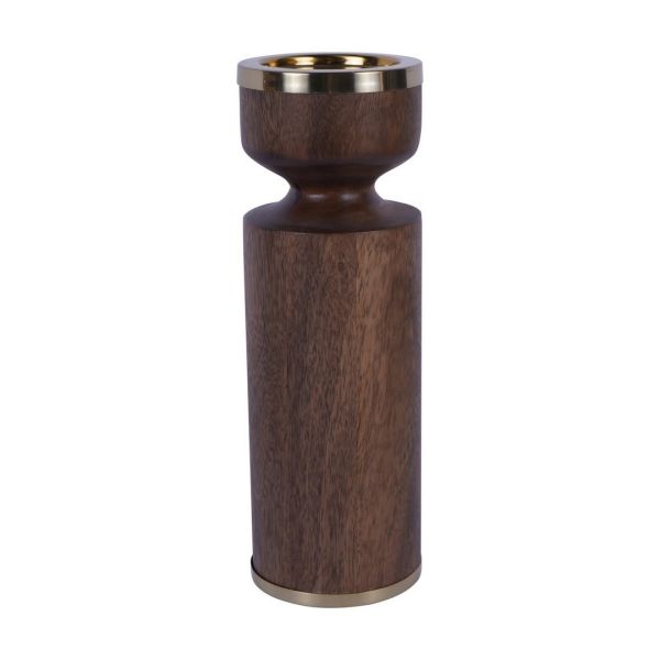 Amalfi Wooden Pillar Holder - Stainless Steel/Mango Wood - L10.5 x W10.5 x H31 cm - Gold/Brown