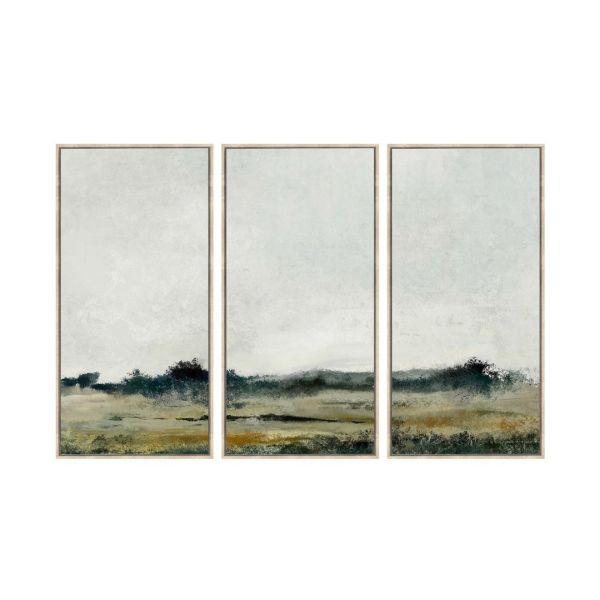 Distant Fields Landscape Framed Jute Canvas Wall Art (Pack of 3) - Jute/Polyester/Pine - L4 x W180 x H120 cm - Green/Natural