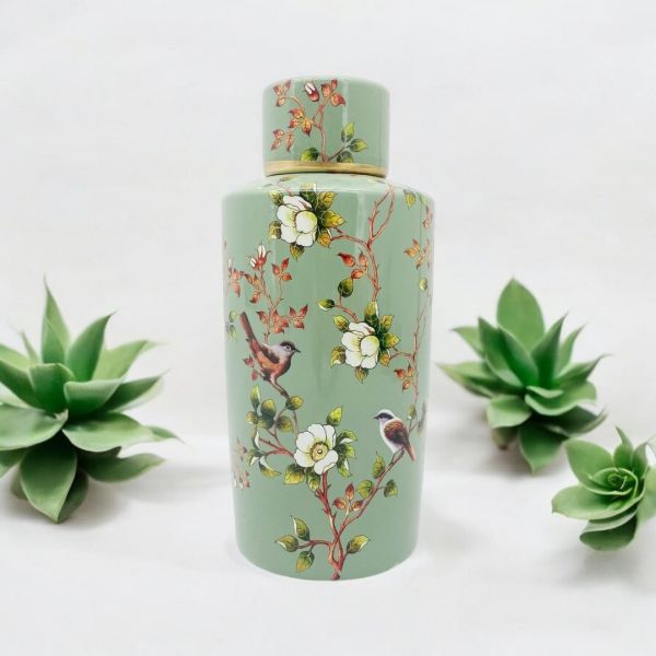 Jar with Lid - Ceramic - L14 x W14 x H36 cm - Green
