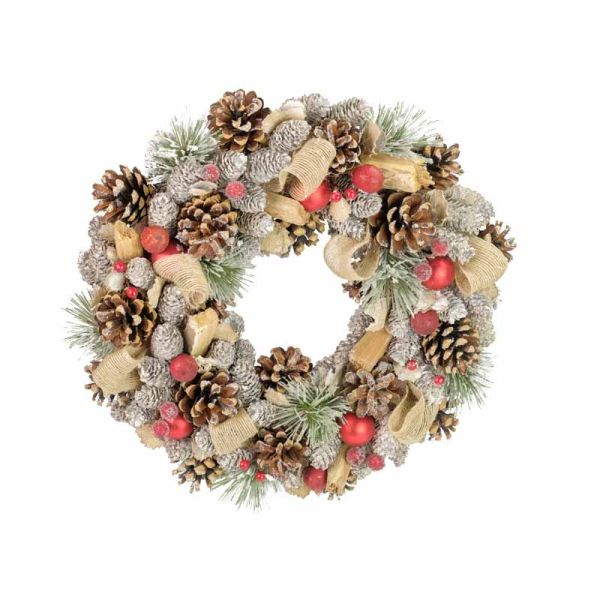 Frosted Red Berry Wreath - Polystyrene/Plastic/Glitter/Wood - L34 x W34 x H9 cm - White