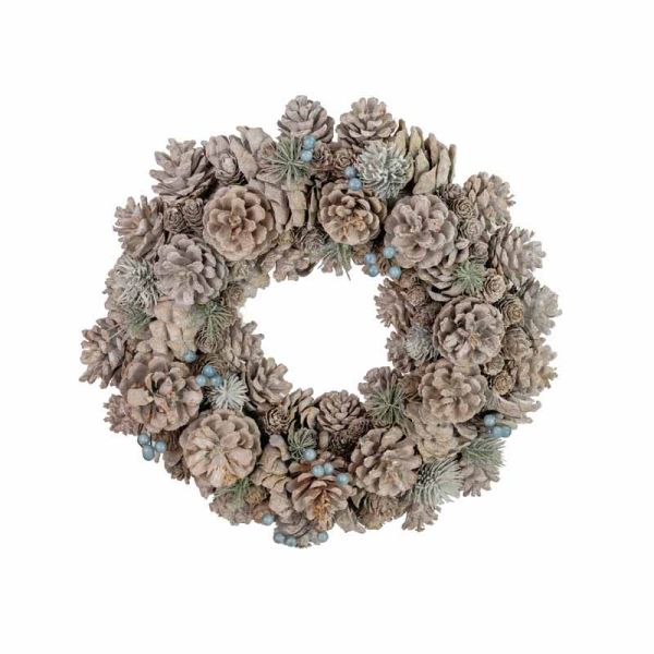 Pinecone Wreath with Blue Berries - Polystyrene/Pinecones/Plastic - L34 x W34 x H9 cm - White/Blue