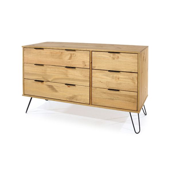 Augusta 3+3 Drawer Wide Chest of Drawers - Pine/Metal/MDF - 119.3 x 39.5 x 73.6 cm - Antique Waxed Pine/Black